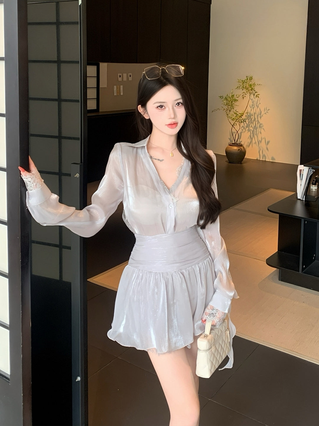 【set】レースドッキングトップス×ミニスカートセット Q9055