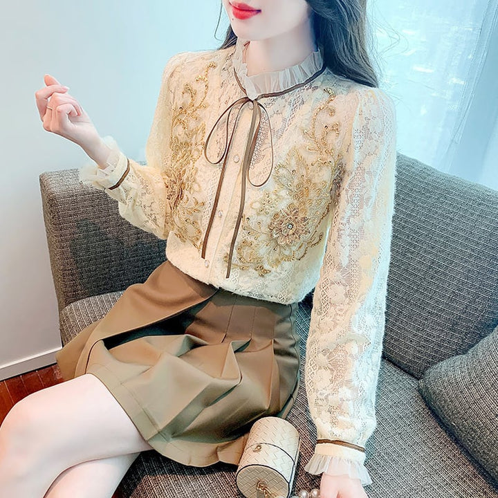 【tops】美人度アップエレガントレースシャツトップス　M16878