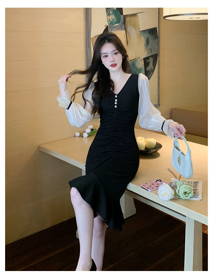【dress】高級感 エレガントオシャレ切り替えワンピース　M17480