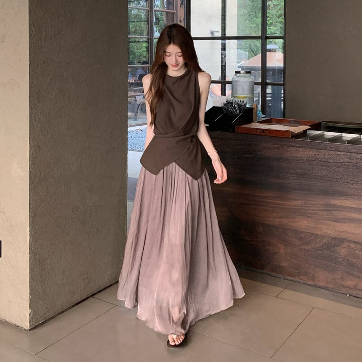 【set】バックリボントップス×ロングスカートセット     N3579