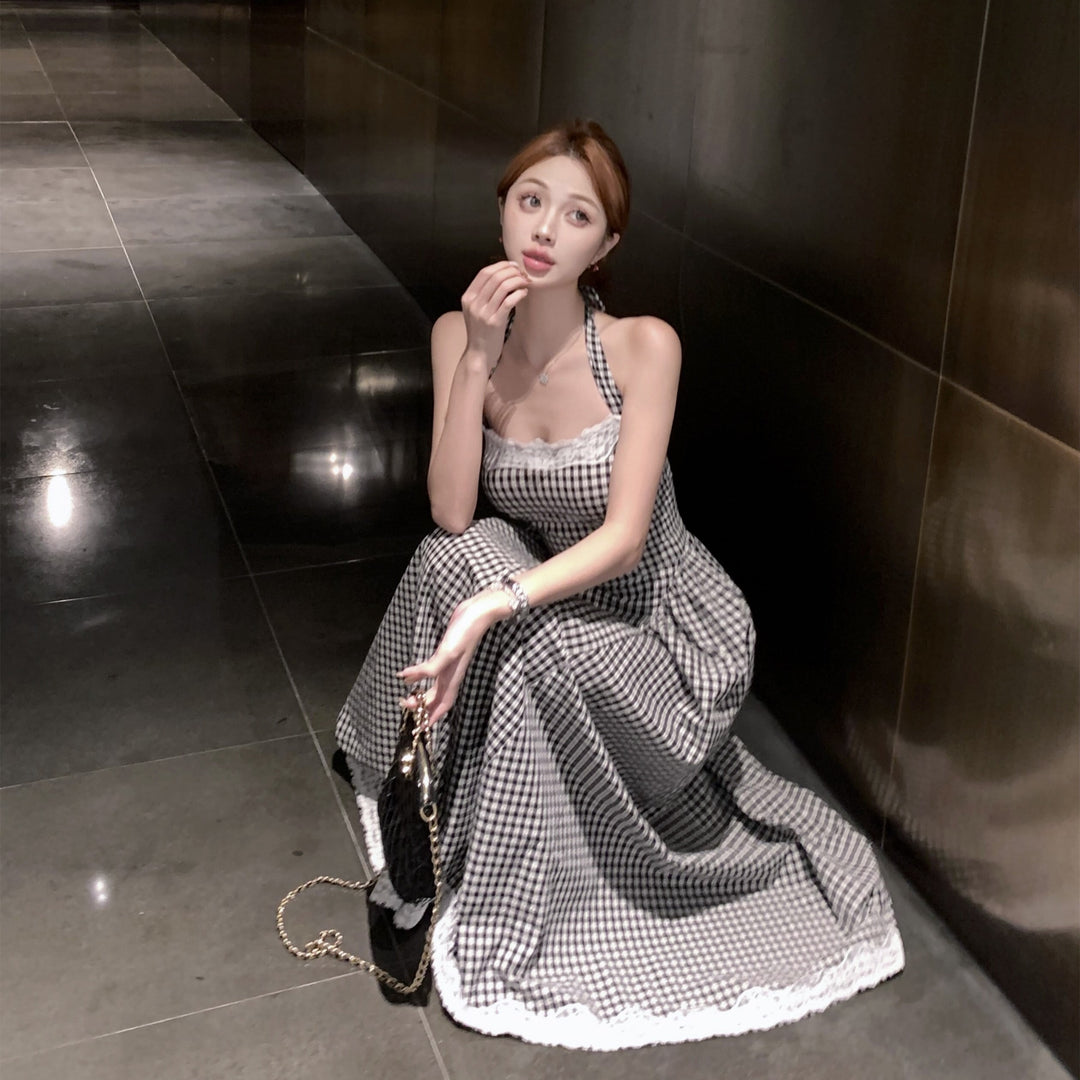 【dress】バックリボンレース切り替えチェック柄ワンピース　N2683