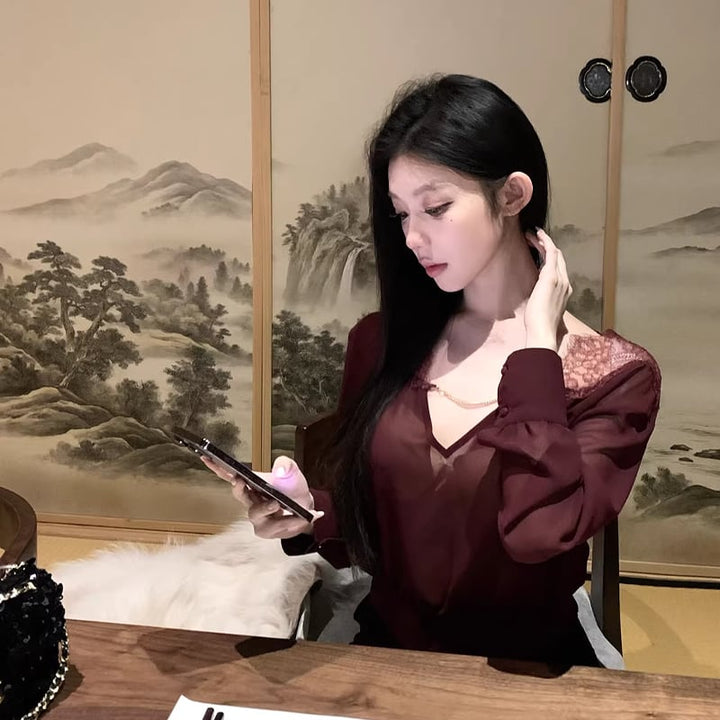 【tops】レースドッキングシフォンシャツ Q8001