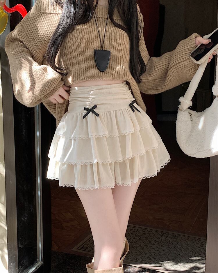 【bottoms】リボン付きレース切り替えスカート　M28257
