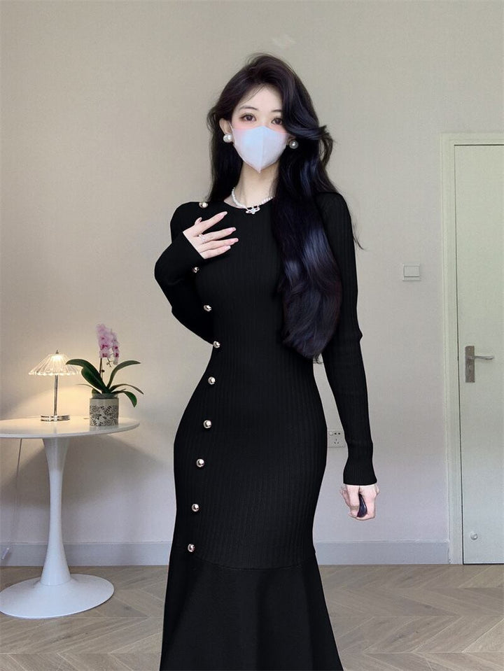 【dress】ボタンデザインマーメイドニットワンピース　M18048