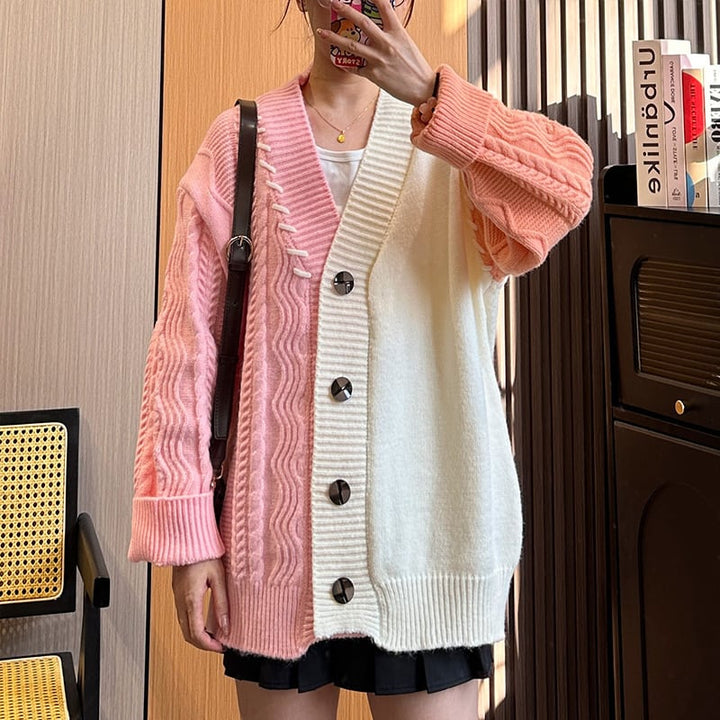 【outer】Vネックドッキング配色ニットカーデ　M17885