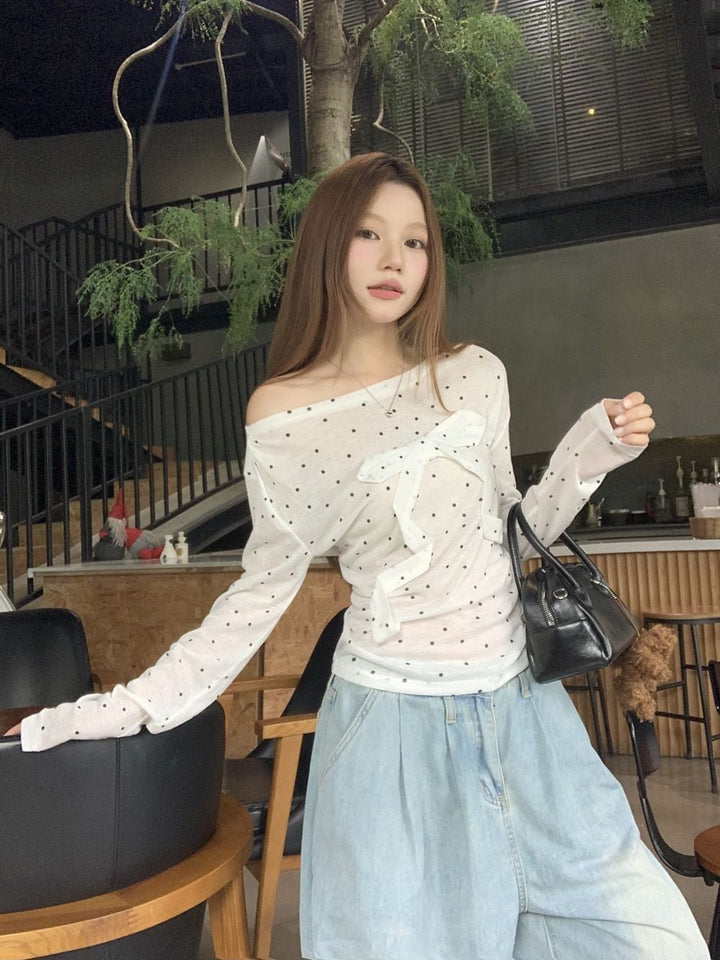 【tops】ドット柄長袖Tシャツ　M25262