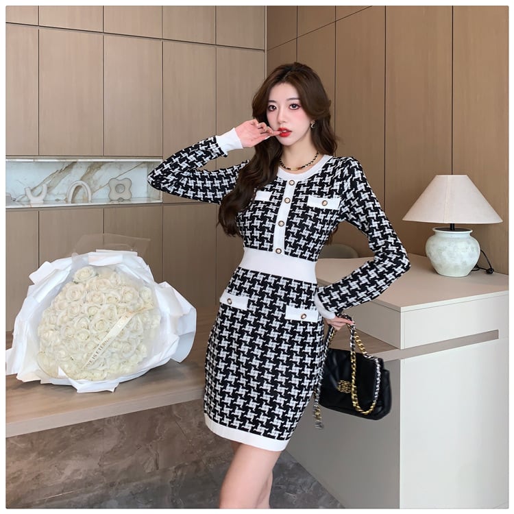 【dress】千鳥格子ニットワンピース　M17627