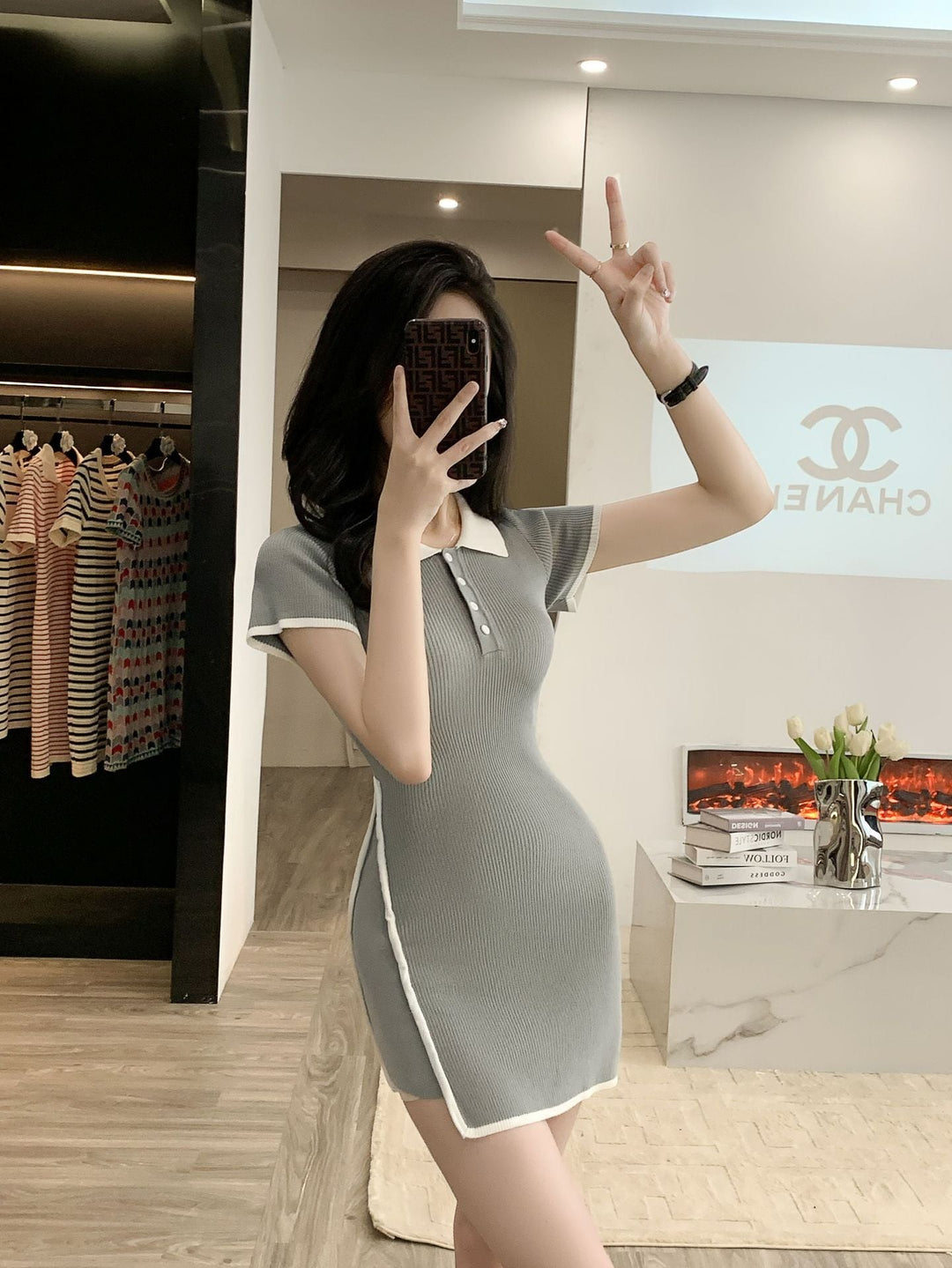 【dress】絶対流行POLOネックニットワンピース着瘦せ　M17396