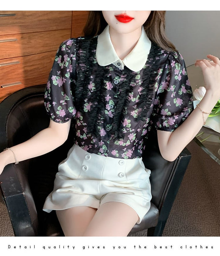 【tops】美人度アップスウィート折り襟花柄シャツトップス　M16883