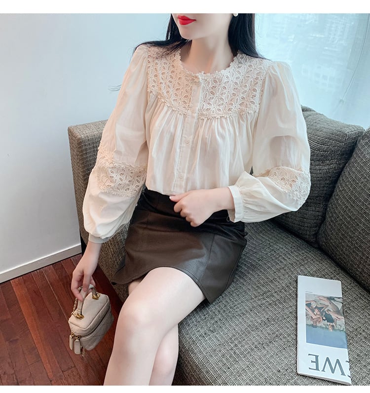 【tops】 爽やかな印象レース切り替え2色シャツトップス　M17297