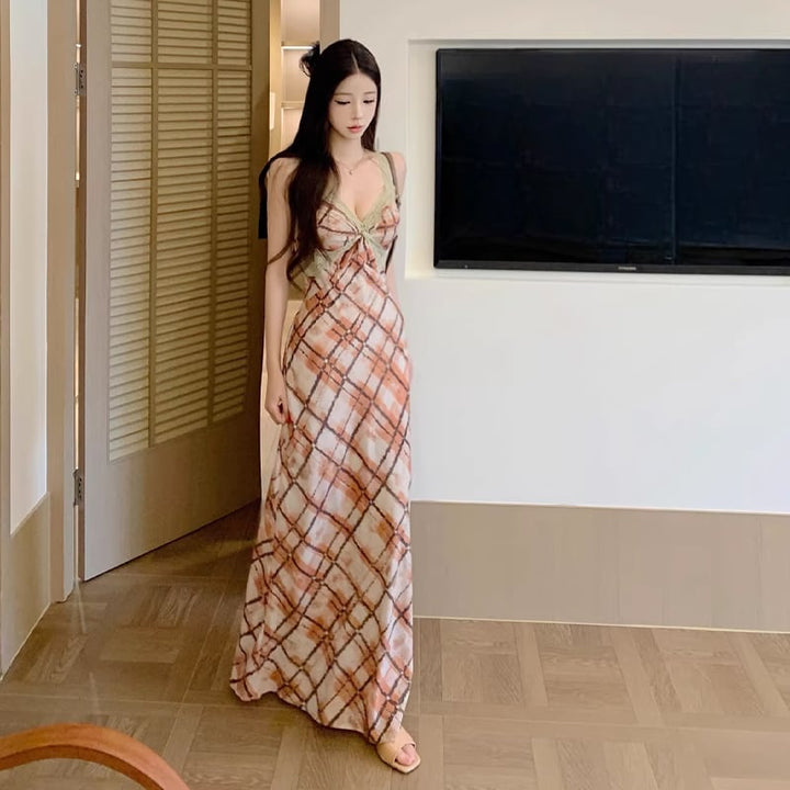 【dress】チェック柄ロングキャミワンピース Q8206