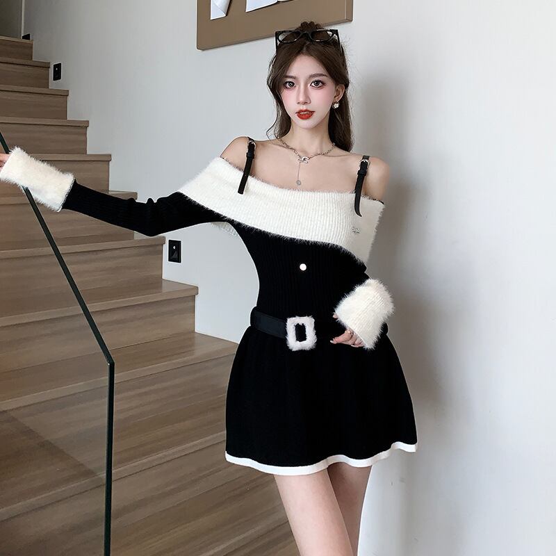 【dress】ニットワンピースベルト付き　M18537