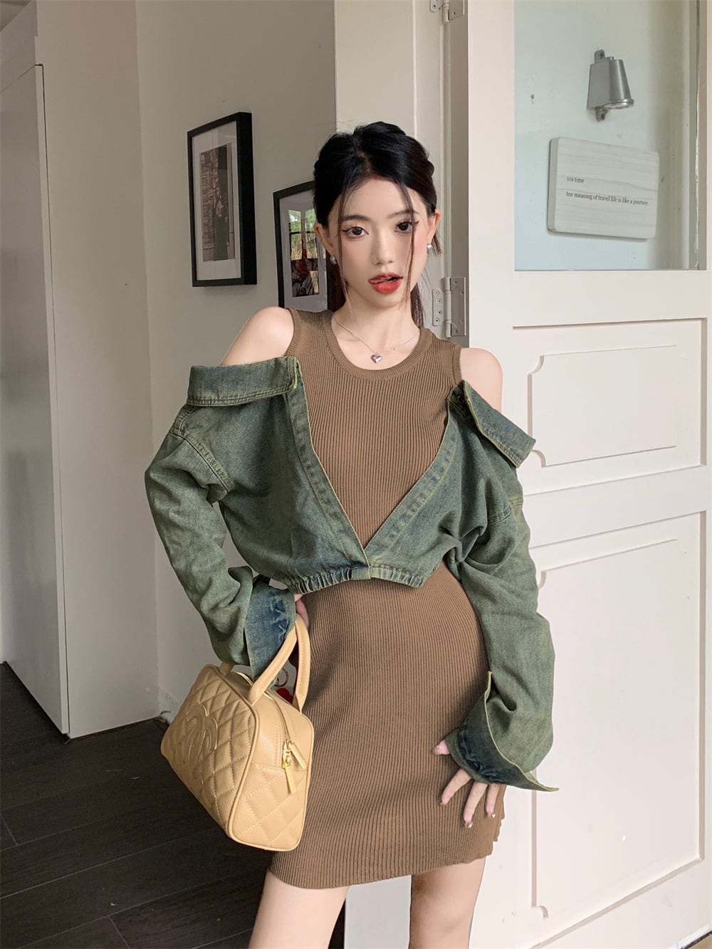 【dress】デニムドッキングニットワンピース　M17979