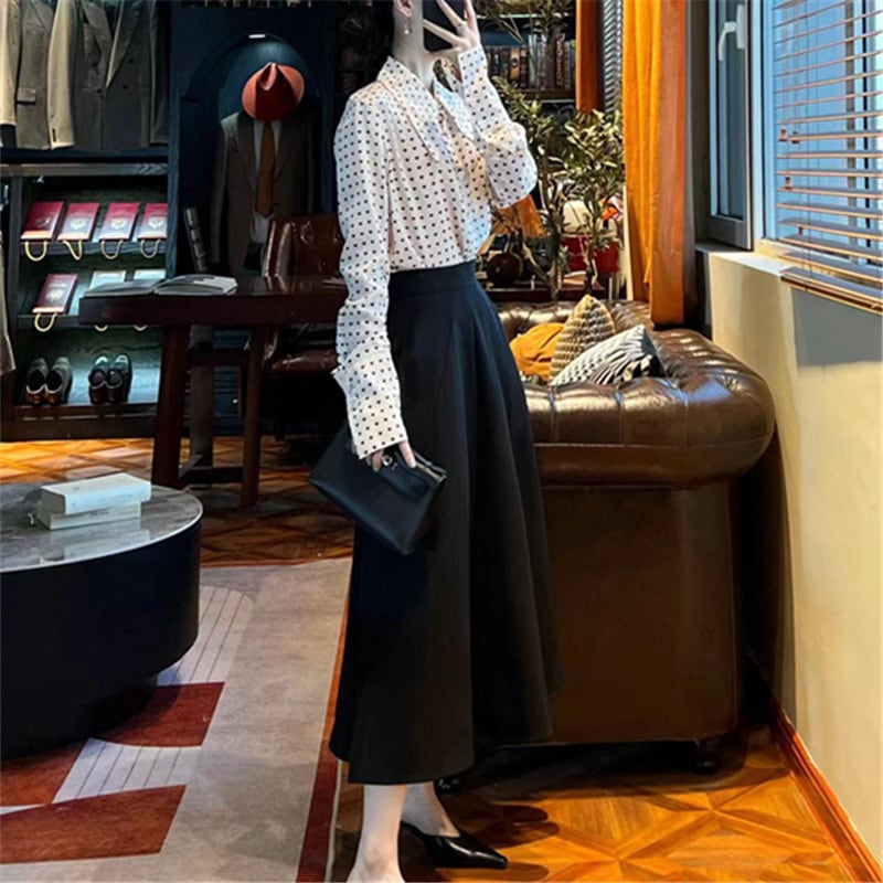 【set】ドット柄シャツ+ハイウエストスカートセット　M17779