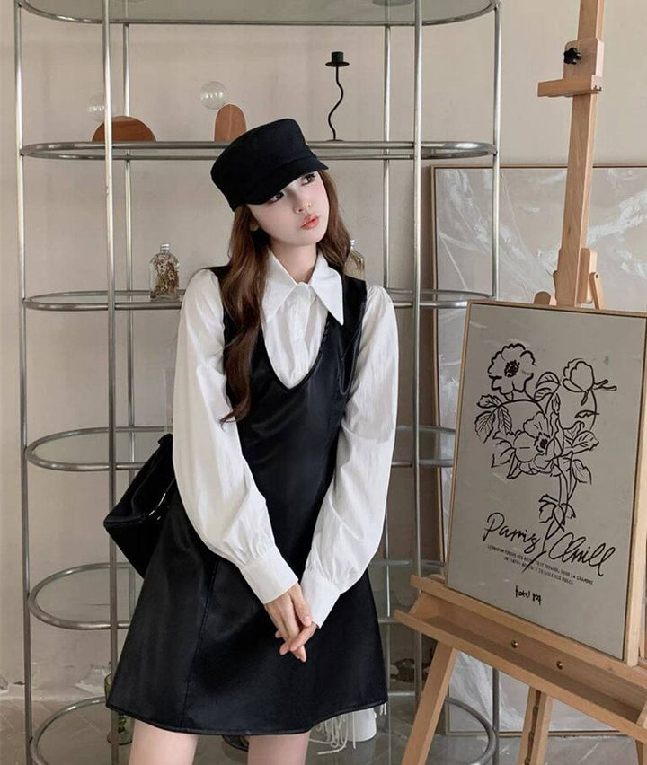 【set】シャツ×PUベストワンピースセット Q8285