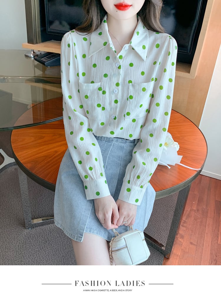 【tops】POLOネックドット柄シャツトップス　M17373