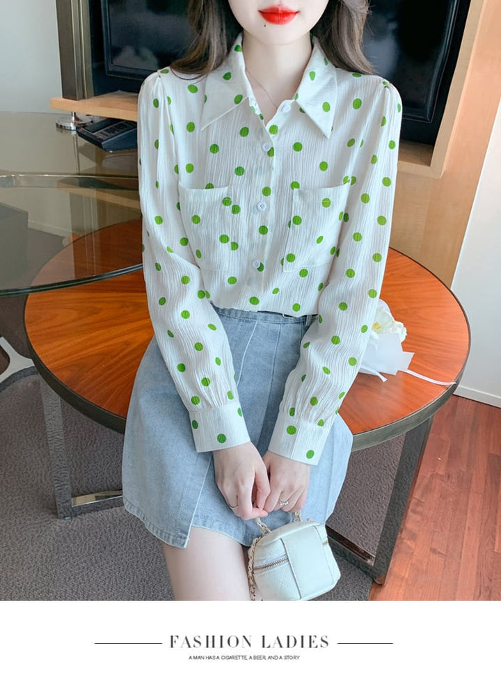 【tops】POLOネックドット柄シャツトップス　M17373