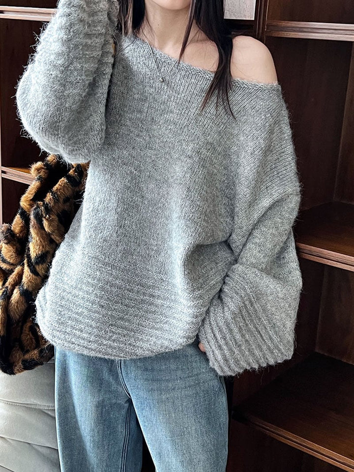 【tops】オフショルダーバルーンスリーブニットトップス　N2911