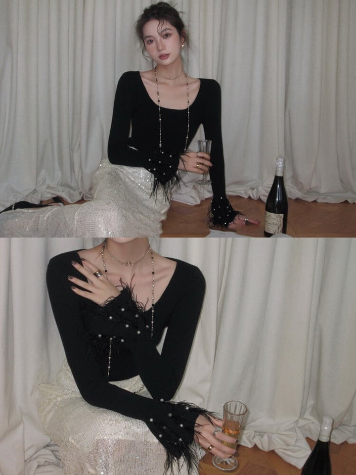 【tops】パールベルスリーブニットトップス　N2947