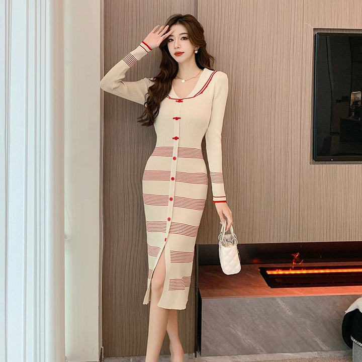 【dress】ボーダー柄スリットニットワンピース　M17954