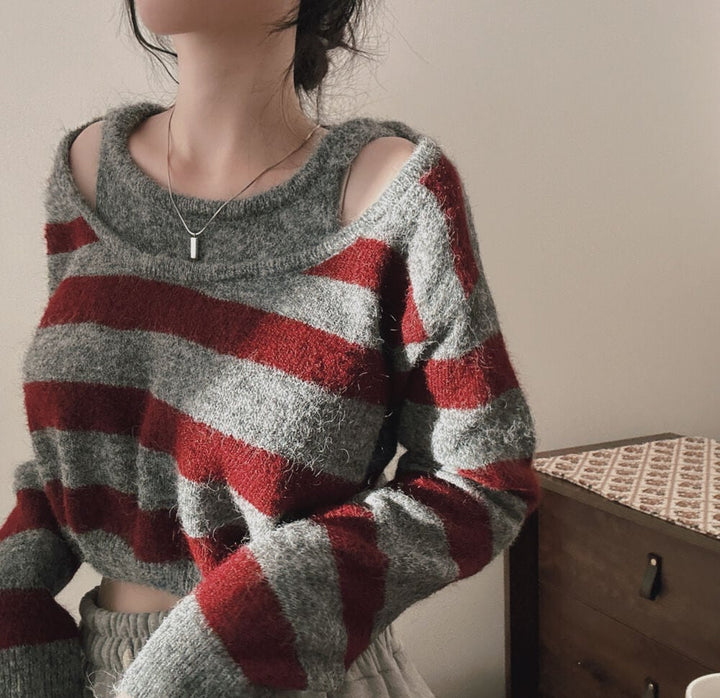 【tops】ボーダー柄切り替えニットセーター　M27774