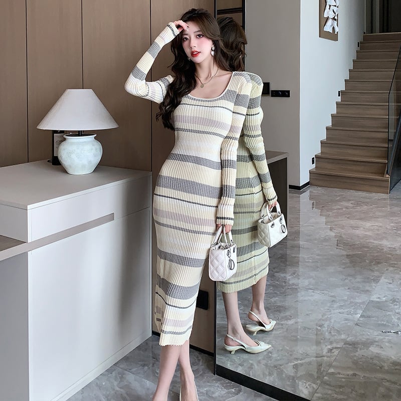 【dress】目立つ！ボーダー柄ニットワンピースオシャレ　M17464