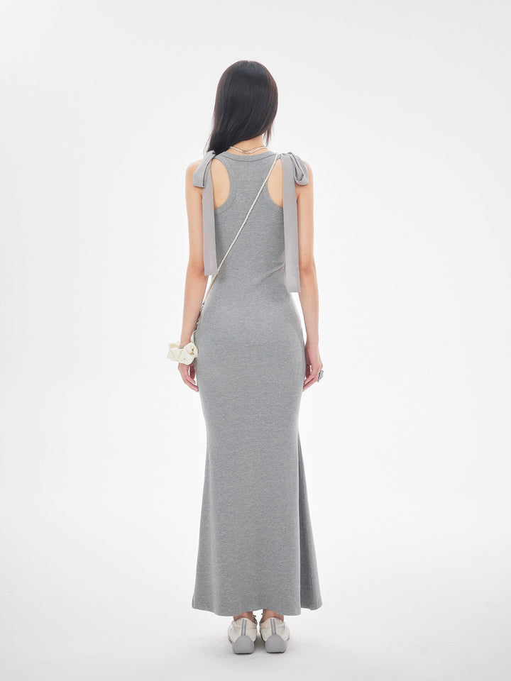 【dress】ショルダーリボンシェイプリブカットロングワンピース　N3520