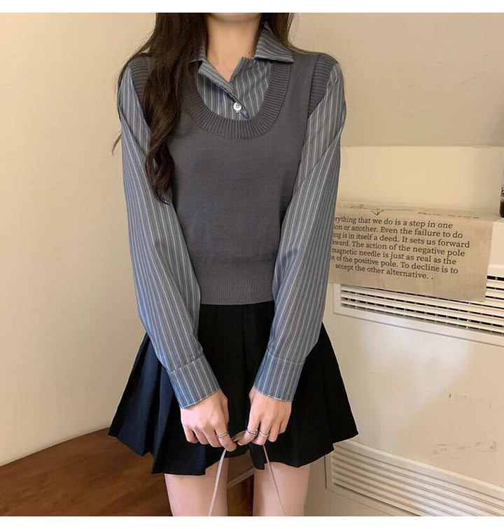 【tops】POLOネック切り替えニットトップス　N2834