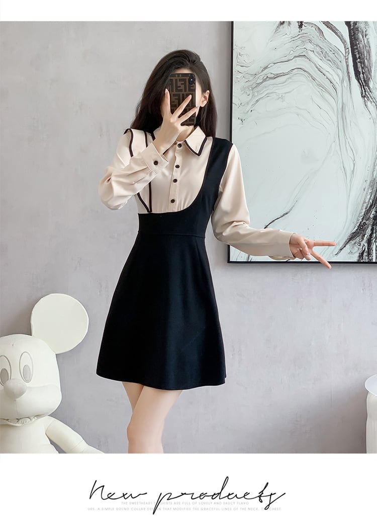 【dress】韓国系折り襟フリル切り替えデートワンピース　M17399