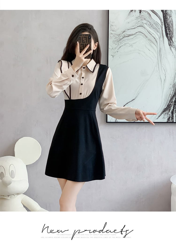 【dress】韓国系折り襟フリル切り替えデートワンピース　M17399