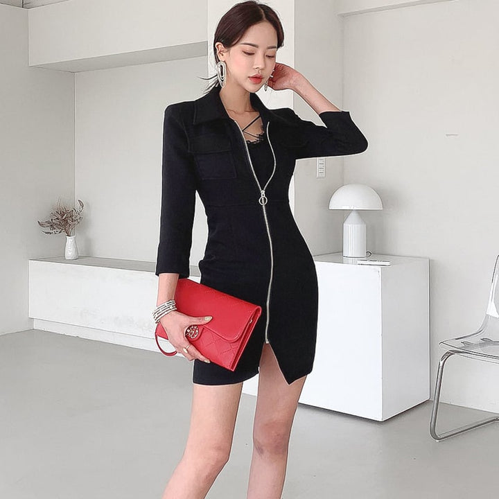 【dress】ファスナー折り襟ワンピース　M18240