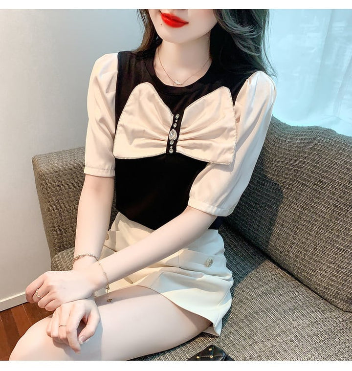 【tops】知的で品の良い♡エレガントリボン付きTシャツ　M16838