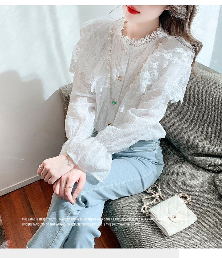 【tops】エレガントレース切り替えシャツトップス　M17378