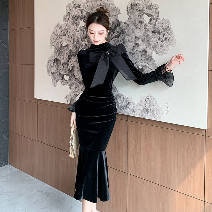 【dress】リボン付きベルベットワンピース Q7513