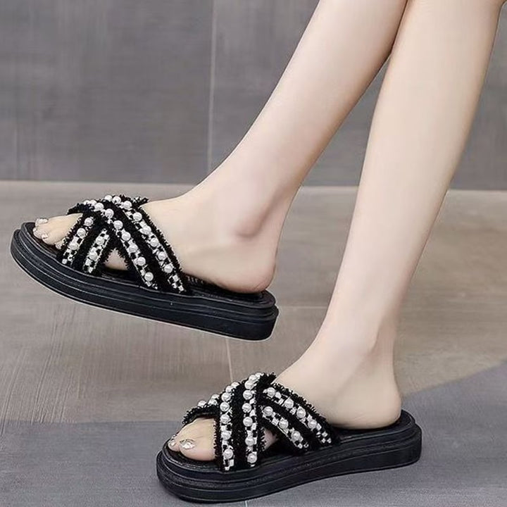 【Shoes】パール付きサンダル Q8427