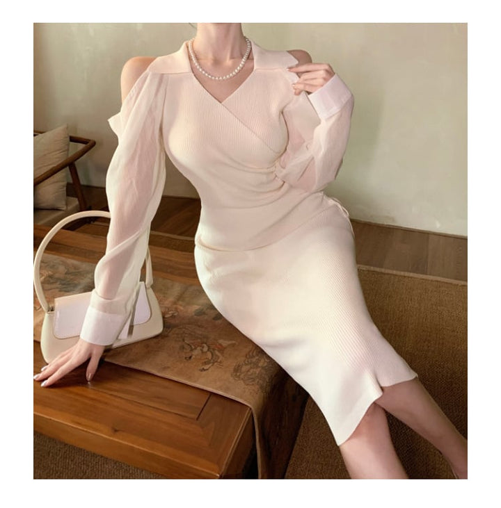 【dress】女性力を高める～オフショルダーニットワンピース　M17054