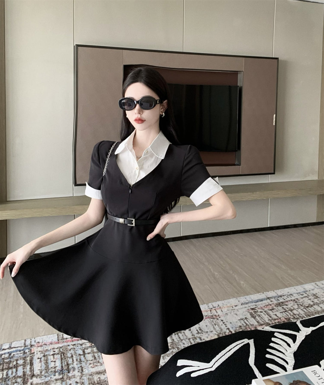 【dress】POLOネック切り替えワンピースベルト付き　M17173