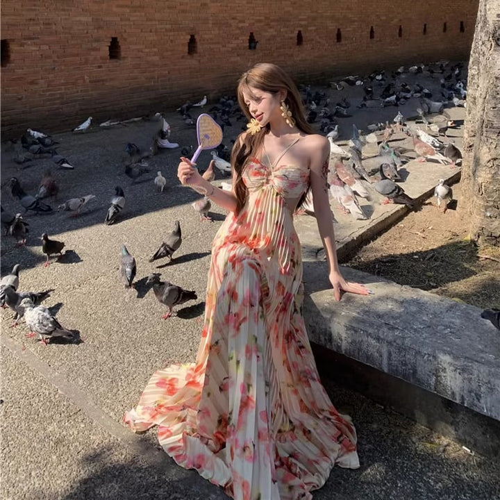 【dress】ホルターネックバックオーポンロングプリーツワンピース Q8371