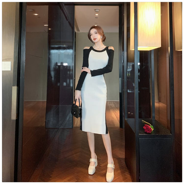 【dress】オフショルダースリットニットワンピース　M17920