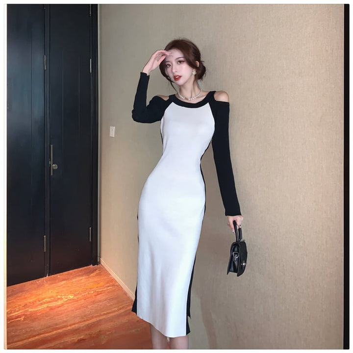 【dress】オフショルダースリットニットワンピース　M17920
