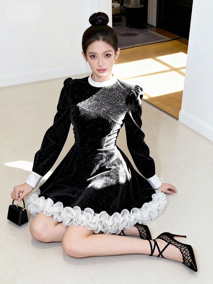 【dress】ギャザーフリルベルベットワンピース Q7573