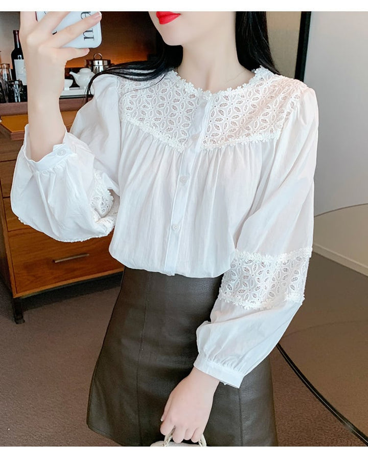 【tops】 爽やかな印象レース切り替え2色シャツトップス　M17297