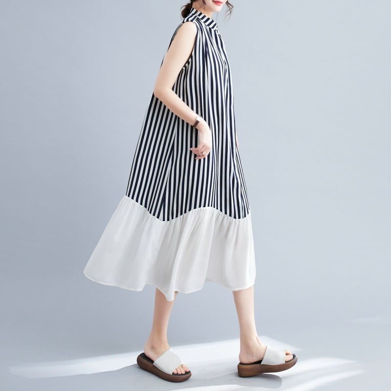 【dress】韓国系ストライプ柄ノースリーブワンピース　M16946