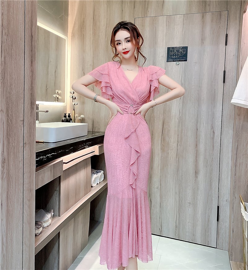 【dress】美人度アップVネックマーメイドワンピース　M17020