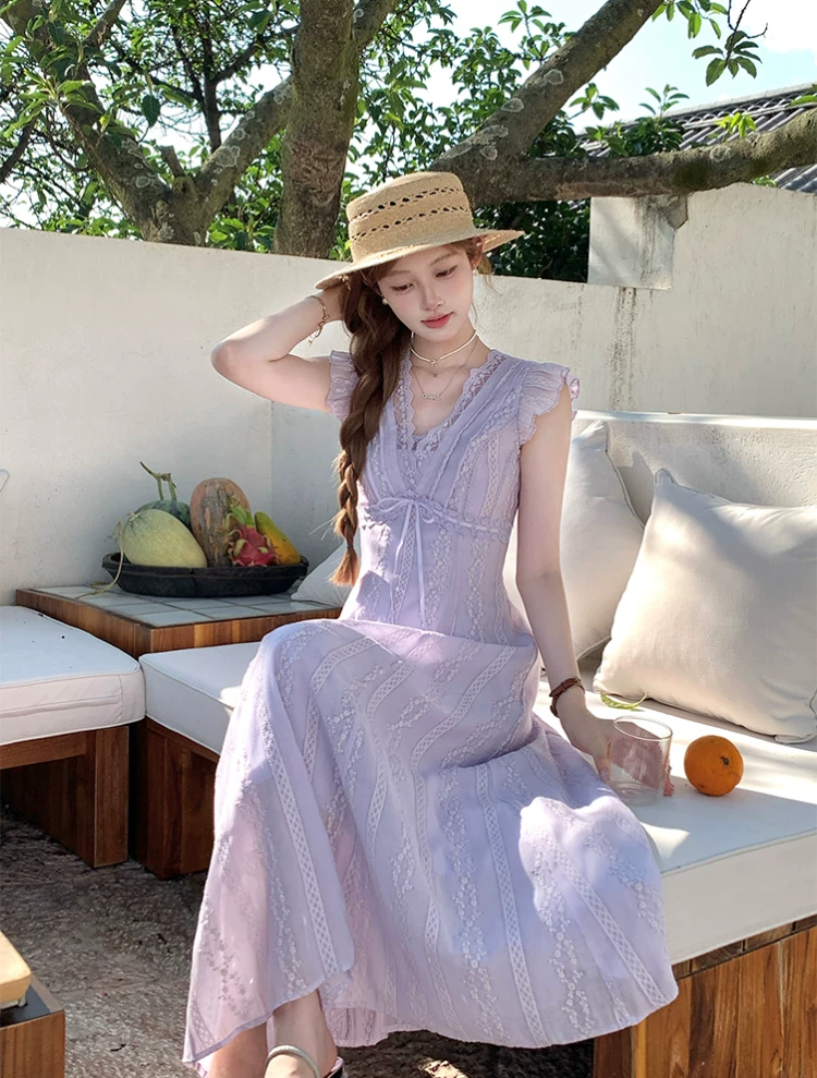 【dress】レースドッキングフラッタースリーブロングワンピース Q8531