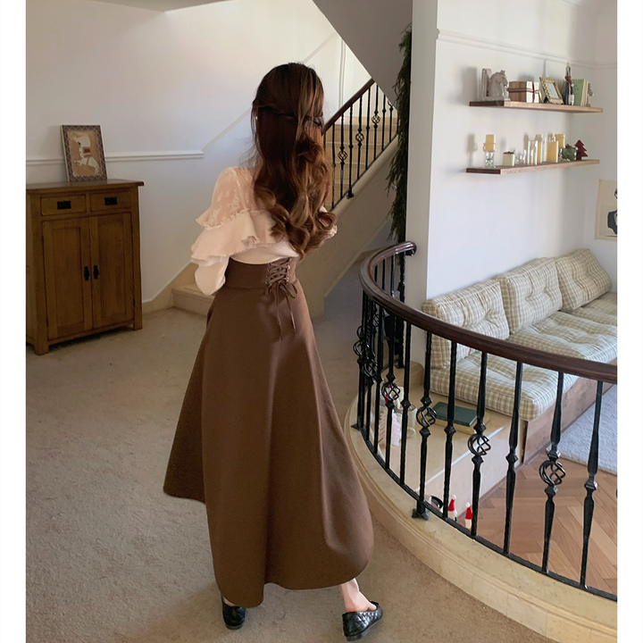 【set】レースフリルニットトップス×ロングスカートセット    N3477