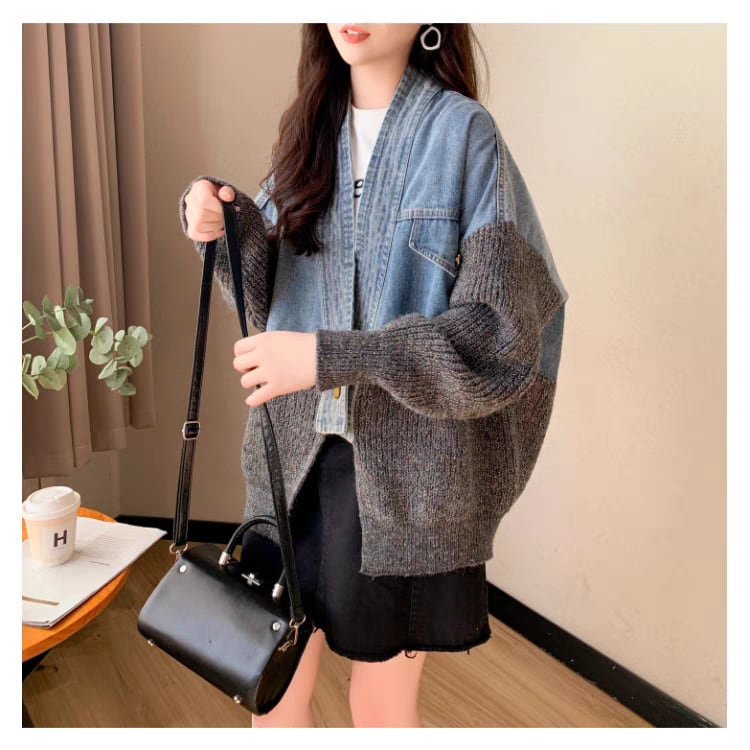 【outer】デニム切り替えニットカーデ　M25746