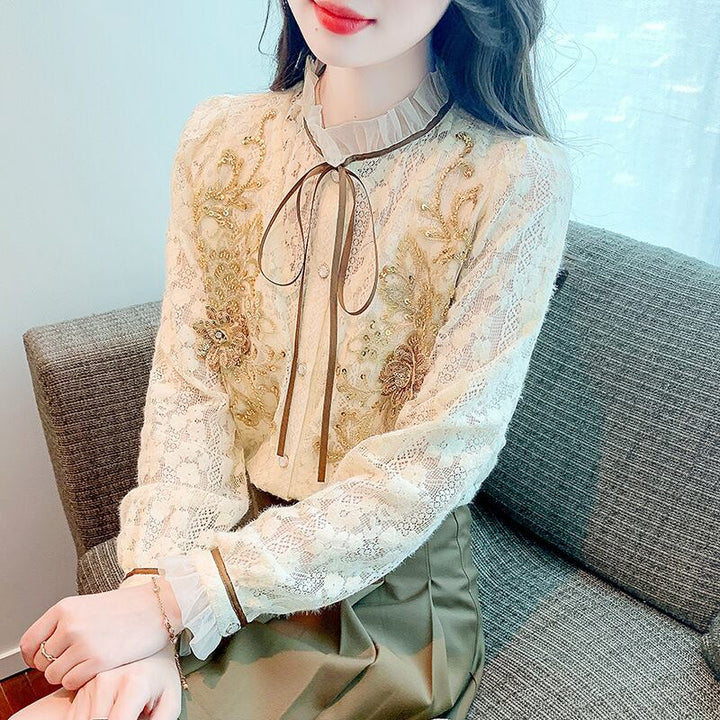 【tops】美人度アップエレガントレースシャツトップス　M16878