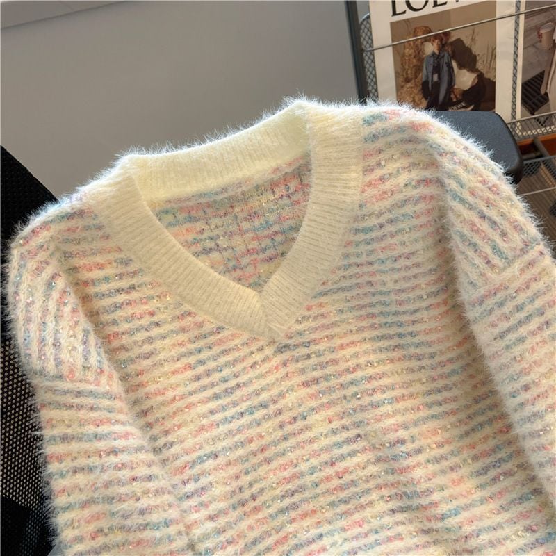 【tops】Vネックキラキラニットセーター　M18001