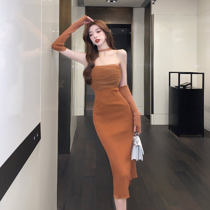 【dress】細身効果抜群♪ファッション薄手ニットワンピース　M16875